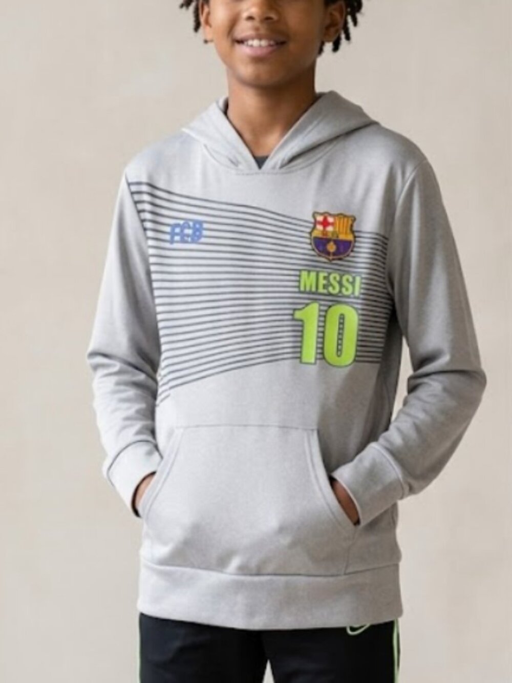 FC Barcelona Messi #10 Gray Soccer Performance Hoodie Youth SZ L